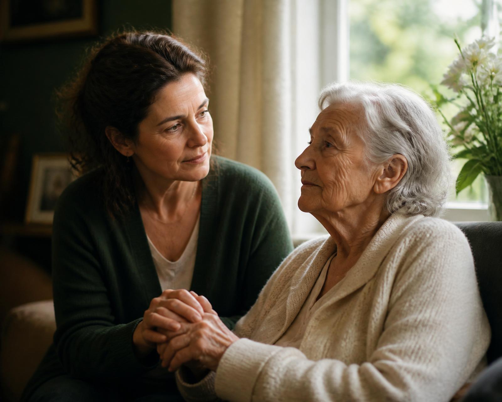A daughter holding her elderly mother's hands by a sunlit window